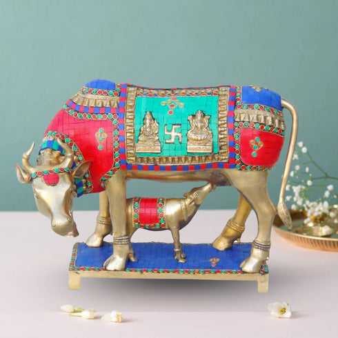 Brass Cow With Calf Stone Statue 13.44Kg